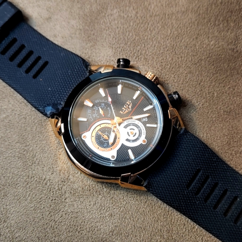 Lige for dream 1853 men's watch 6181wm1 black and gold rose case, rubber strap